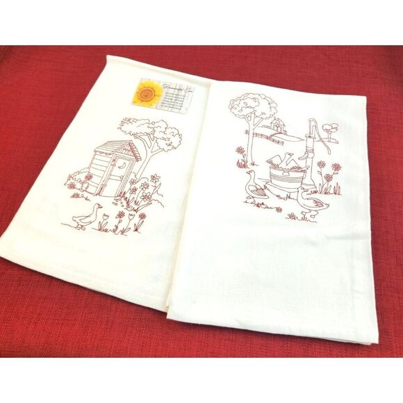 Duck Farm Country Outhouse Kitchen Cotton Tea Towels With Red Embroidery Design - Picture 4 of 9